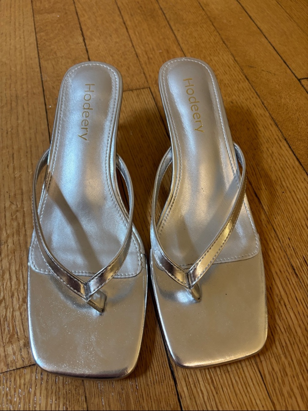 Metallic Silver Square-Toe Kitten Heels